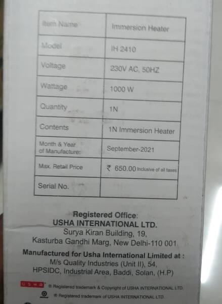 Immersion Heater - Usha